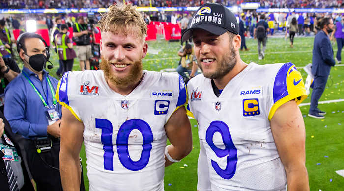 Cooper Kupp and Matthew Stafford get interviewed together after winning the Super Bowl.